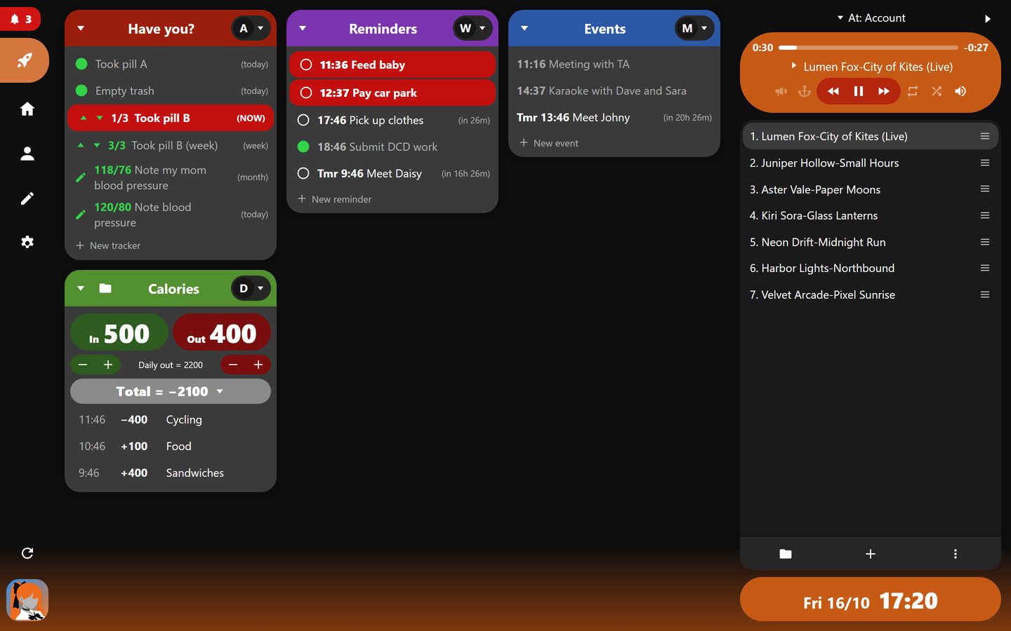 The Alani web app on a computer: the quick menu islands in the middle and the music player on the right