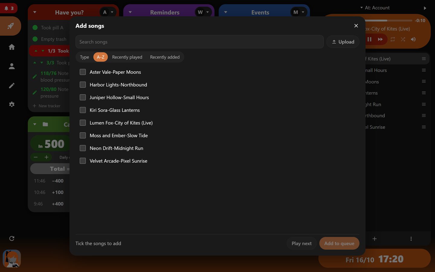 The add songs window: a list of songs with tick boxes, sort options, and buttons to add them to the queue or play them next